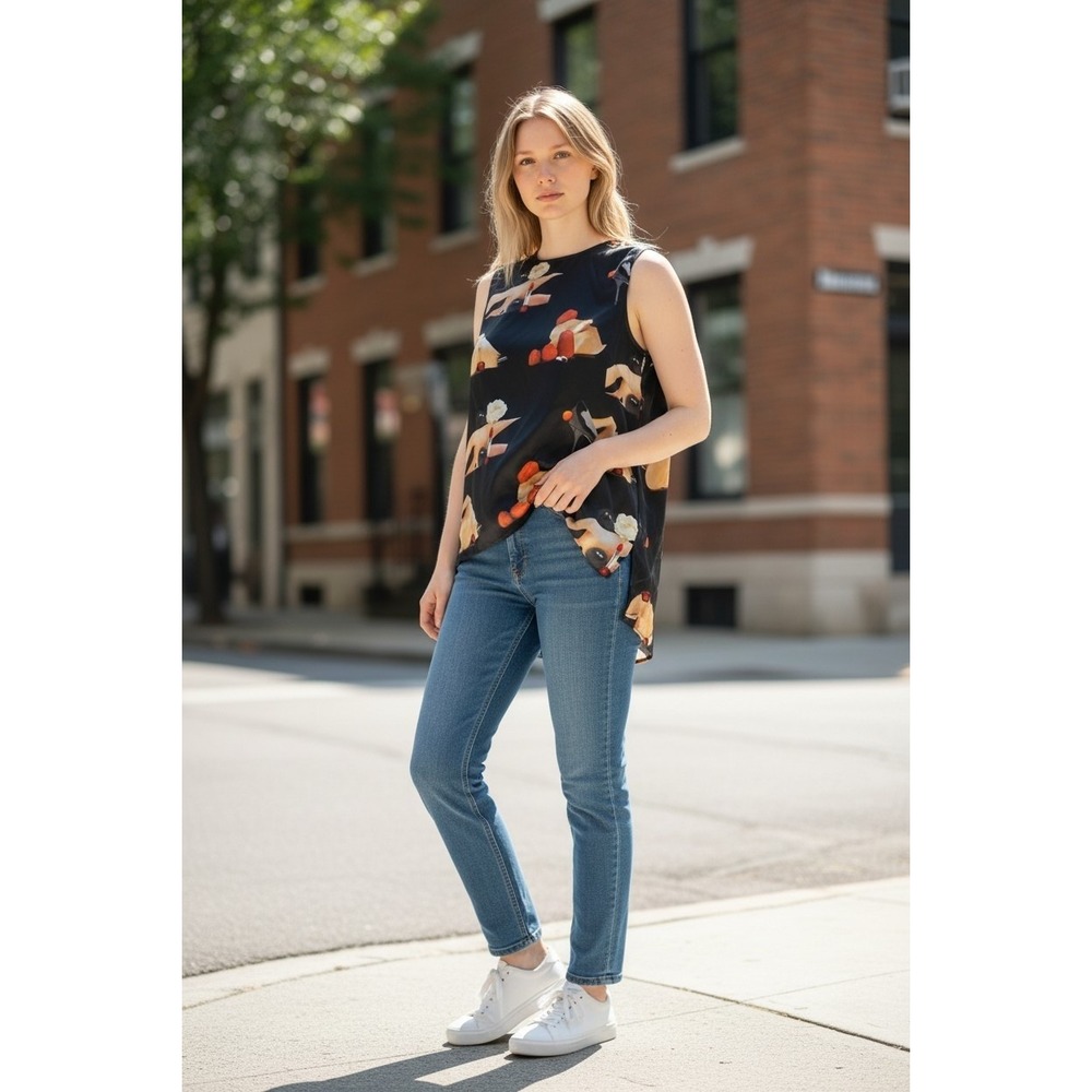 Acne Studios Clair PR Satin Silk Graphic Print Split Back Top Black Size 36‎